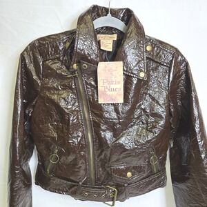 Vtg Y2K Paris Blues Cropped Faux Leather Moto Jacket, Brown, Juniors Large, New